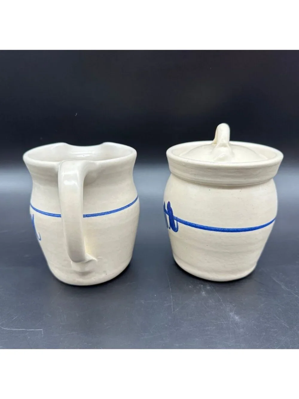 Vintage Pottery Creamer Pitcher Sugar Bowl White Blue Stoneware Set 1990s